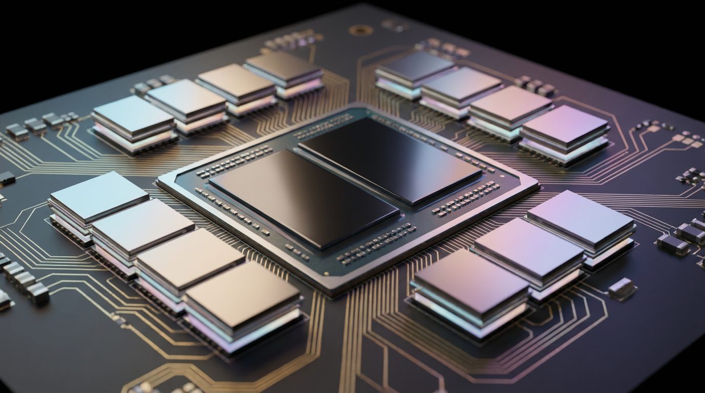 A close-up of an AI accelerator: two silicon dies side by side, with stacks of memory around them on a circuit board.