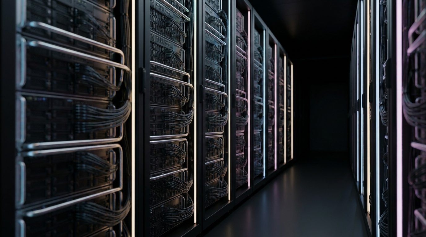 An aisle of AI server racks in a dark data center, lit by a soft holographic light.