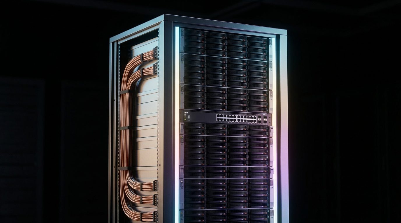 A tall AI server rack packed with compute trays, with network switches in the middle and copper cables on one side.