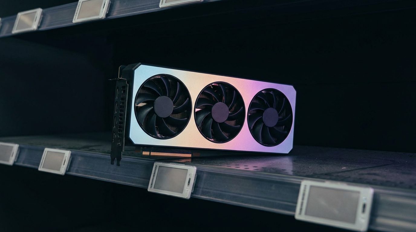 A single graphics card on an empty store shelf with bare price tag holders.